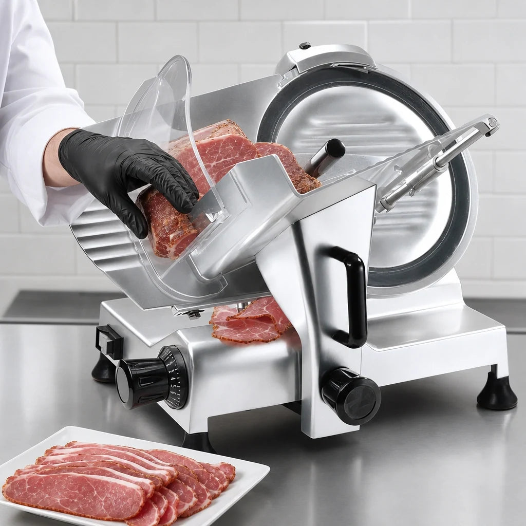 BakeMax BMMSM08 8-Inch Manual Gravity-Feed Meat Slicer, Belt Driven, Anodized Aluminum, 120V