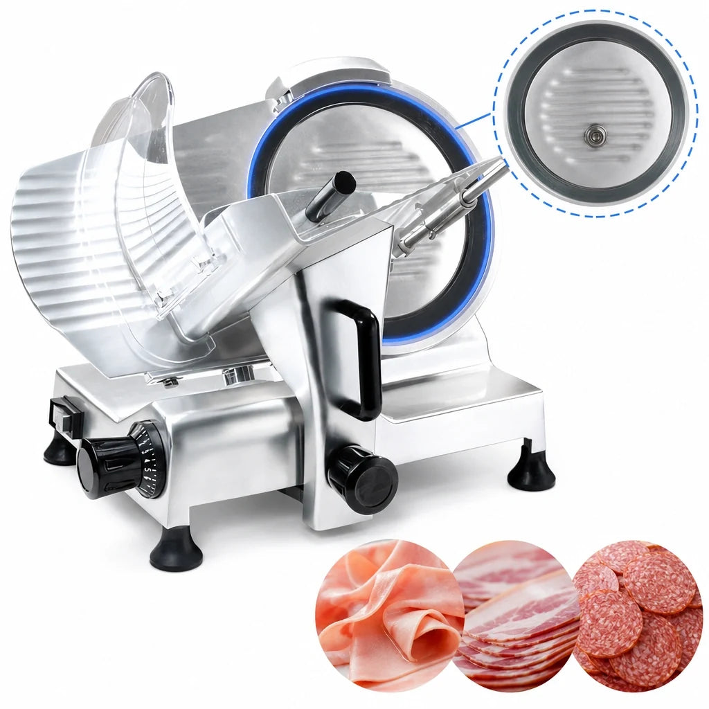 BakeMax BMMSM08 8-Inch Manual Gravity-Feed Meat Slicer, Belt Driven, Anodized Aluminum, 120V