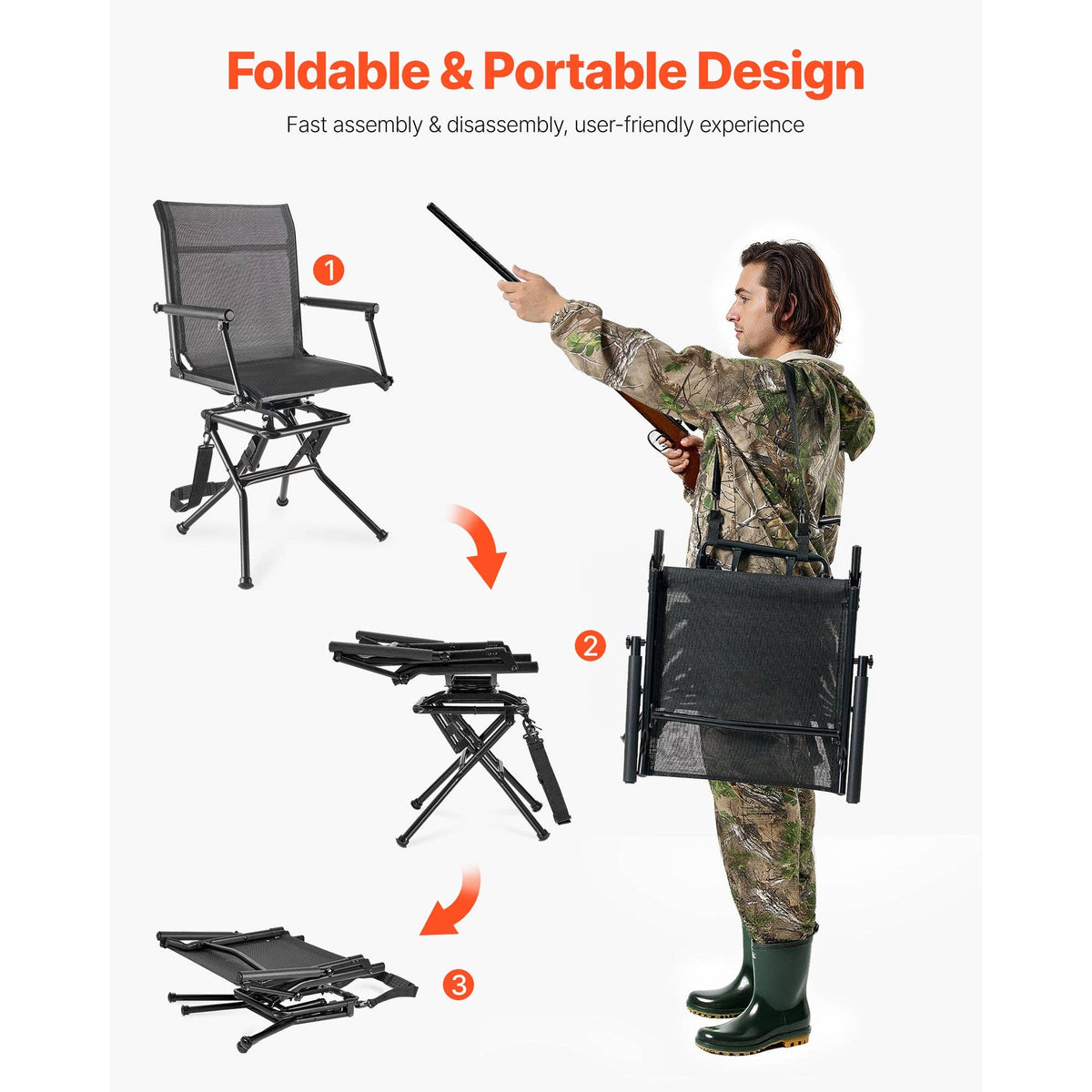 Portable Hunting Chair, Black Steel, 360° Swivel