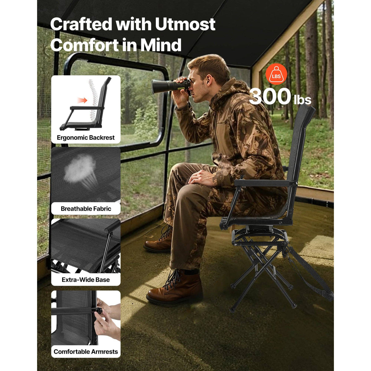 Portable Hunting Chair, Black Steel, 360° Swivel