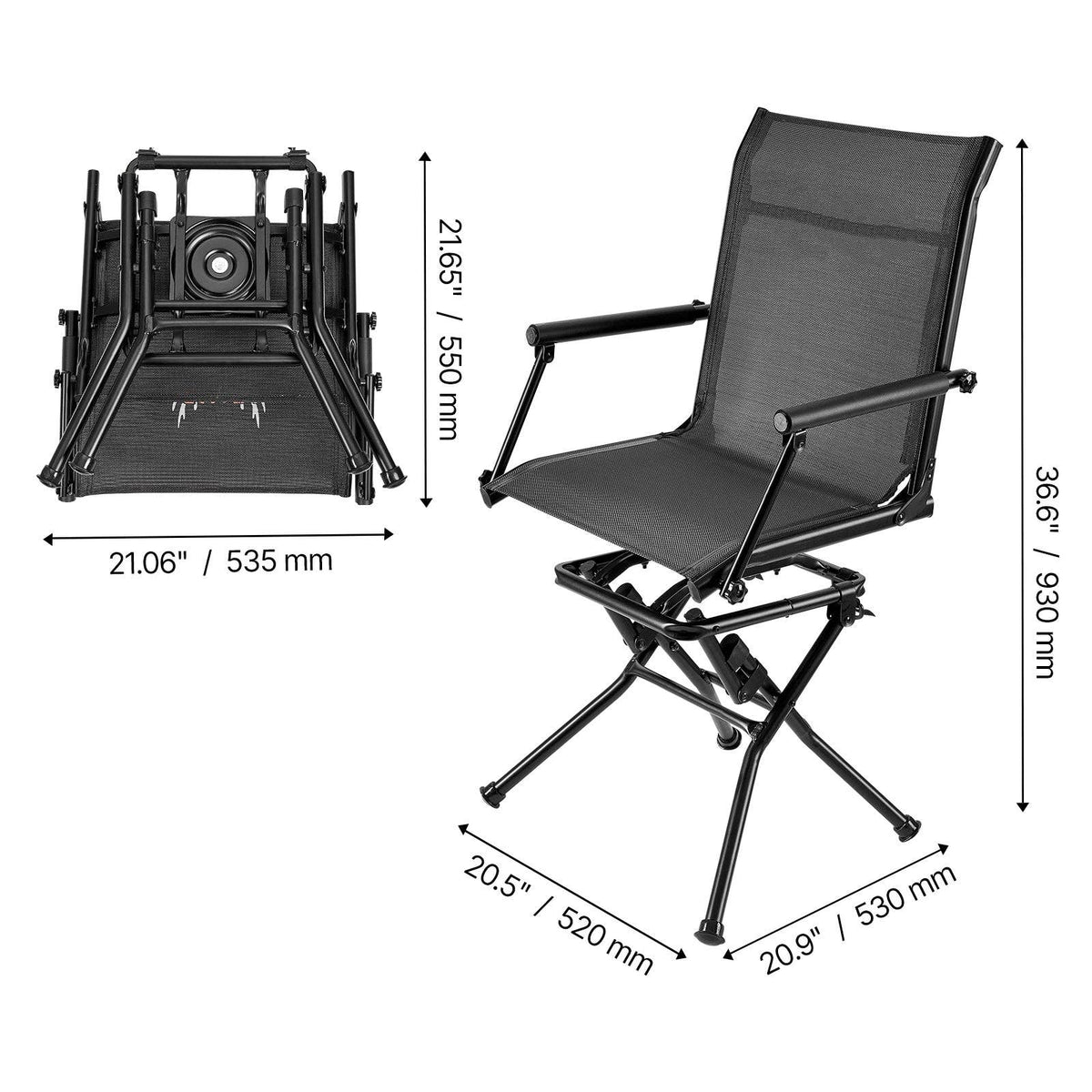 Portable Hunting Chair, Black Steel, 360° Swivel
