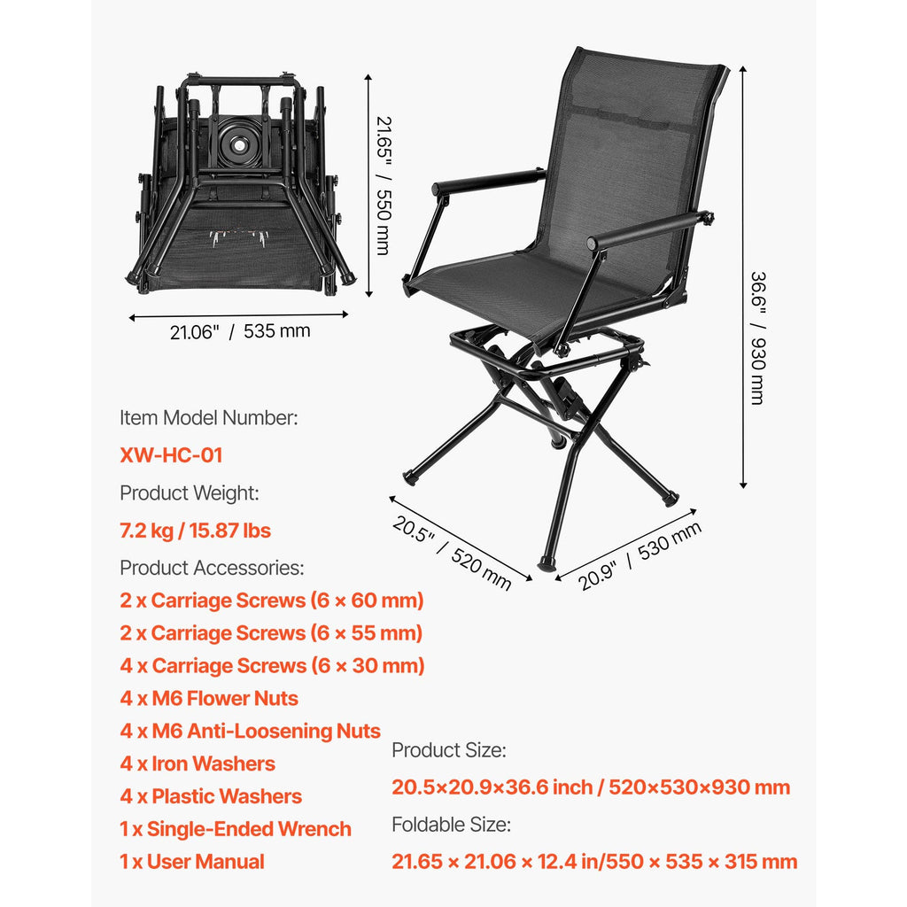 Portable Hunting Chair, Black Steel, 360° Swivel