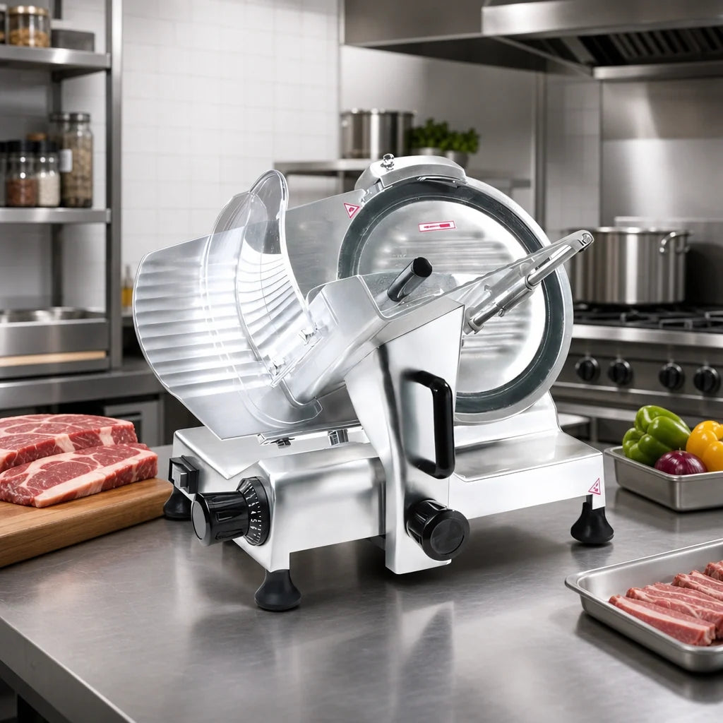 BakeMax BMMSM08 8-Inch Manual Gravity-Feed Meat Slicer, Belt Driven, Anodized Aluminum, 120V