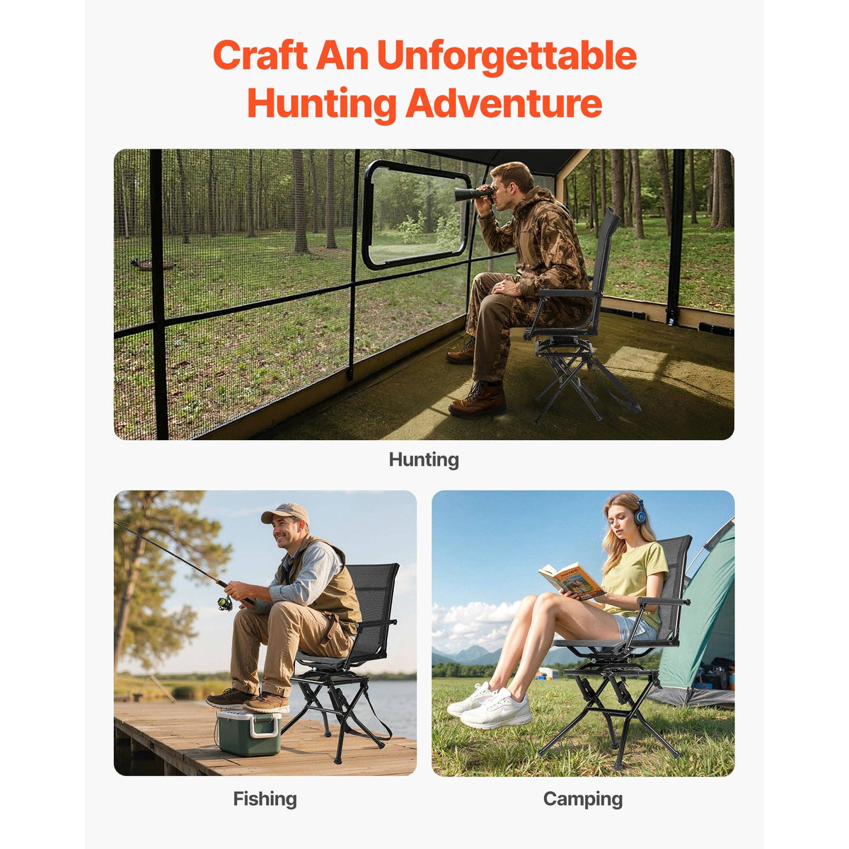 Portable Hunting Chair, Black Steel, 360° Swivel